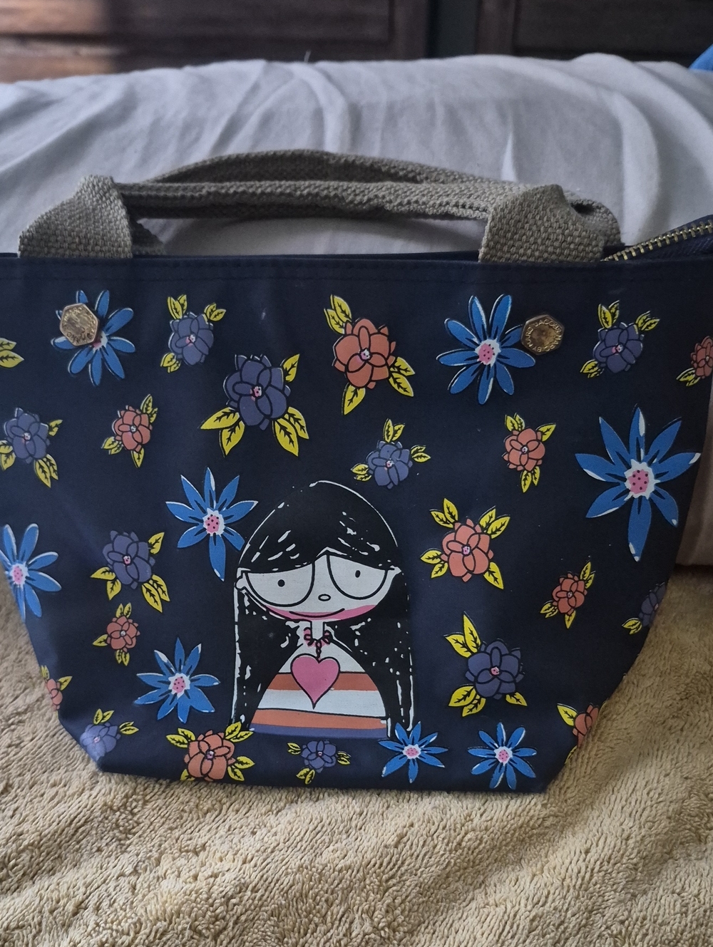 Marc by Marc Jacobs Navy Floral Cartoon Tote with Heart Motif